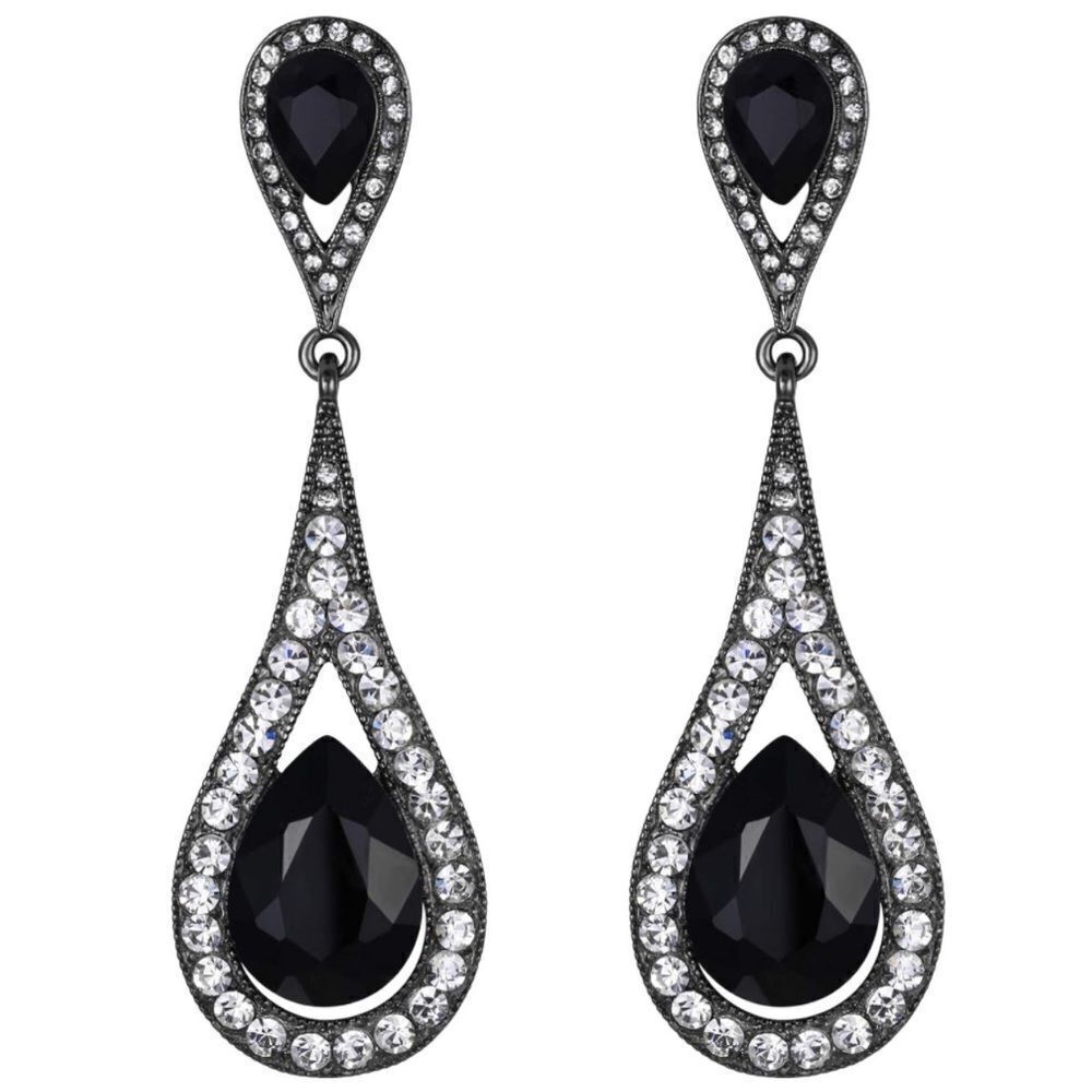 Gun Metal with Black Onyx and Diamond Austrian Crystal Dual Teardrop Earrings